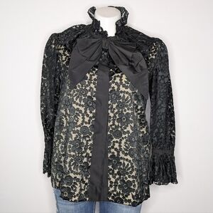 Vintage Custom Made Black Tan Lace Bow Snap Up Long Sleeve Blouse L/XL
